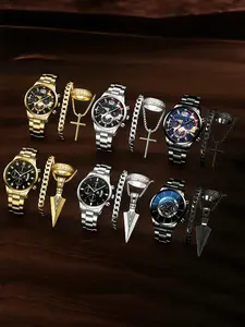 Men's Watch & Jewelry Set, Fashion Watch & Jewelry Set for Party, Daily Clothing Decor, Trendy All-match & Exquisite Watch Set for Birthday Gift, Modern Fashionable Wristwatch, Casual Wristwatch Set