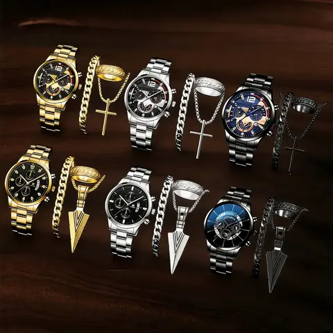 Men's Watch & Jewelry Set, Fashion Watch & Jewelry Set for Party, Daily Clothing Decor, Trendy All-match & Exquisite Watch Set for Birthday Gift, Modern Fashionable Wristwatch, Casual Quartz Analog Wristwatch Set