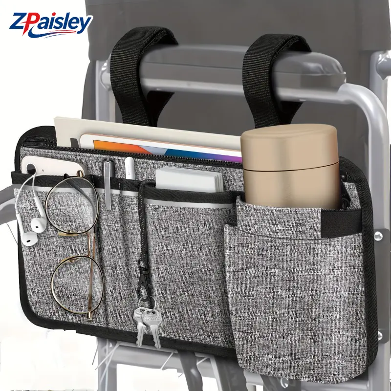 Wheelchair Side Bag with Upgraded Cup Holder & Zipper Pocket, Armrest Storage Organizer with Multi Pockets & Adjustable Straps, Universal Fit for Walker Rollator Scooter, Durable Accessory for Seniors Elderly Daily Use (Bag Only)