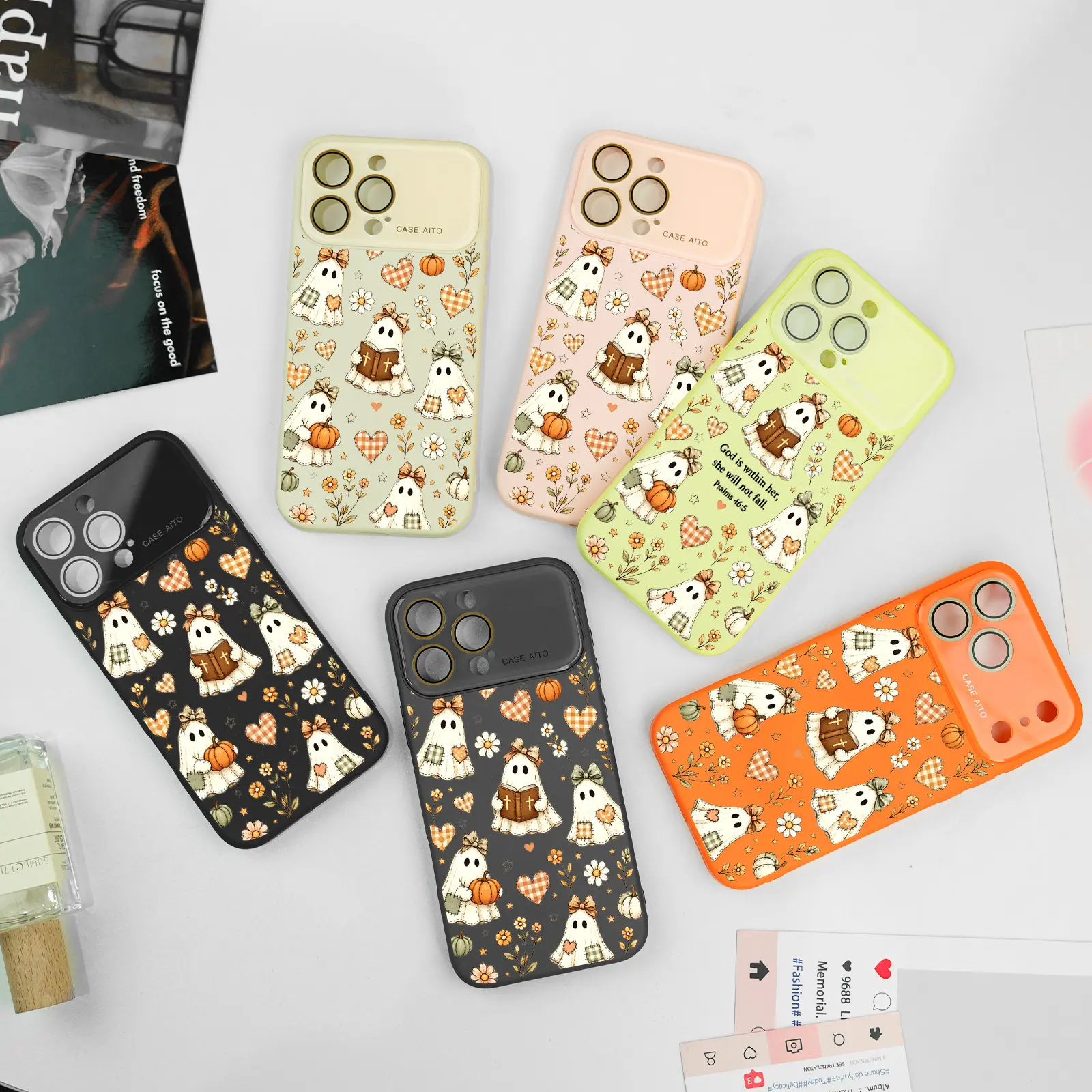Halloween  Cute Patchwork Ghost Flowers Phone Cases for Girls, Phone case for iPhone 17Pro Max Air 16Plus 15 14 13 12 cases, Protective Silicone Cover, Protection Durable, Advanced Anti-Scratch Silicone Case.WC217