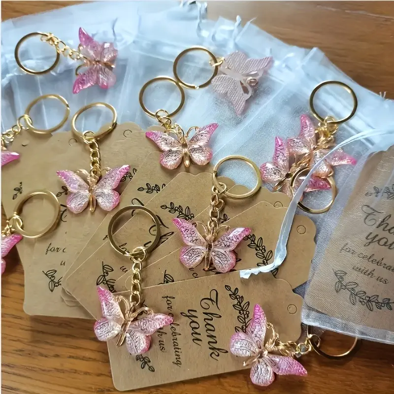 36pcs/12sets Butterfly Keychain Gift Box Set, Includes 12 Purple Acrylic Keychains, 12 Brown Cards And 12 Organza Drawstring Bags, Suitable For Gender Reveal Party, Birthday, Wedding, Christmas Party, And Perfect Gift For Colleagues, Friends And Family