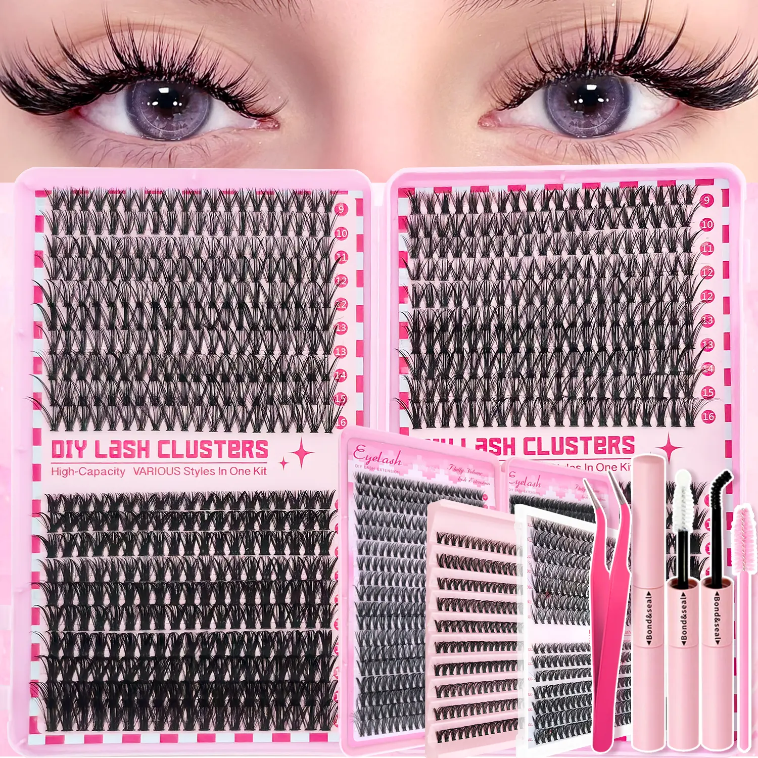 DIY False Eyelash Extension with Bond and Seal, Tweezers and Brush, False Lashes, Beginner Friendly Lashes, 9-16mm Wispy Individual Clusters, D Curl Natural Volume Mixed Length False Eyelashes Set, Suitable for Beginners
