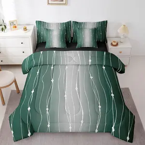 Green and Grey Gradient Comforter Set,7-Piece Aesthetic Ombre Bedding Comforter Sets,Emerald Watercolor Bed in a Bag,Geometric Wave Bedding Set,Abstract Lines Bed Sheets Set,