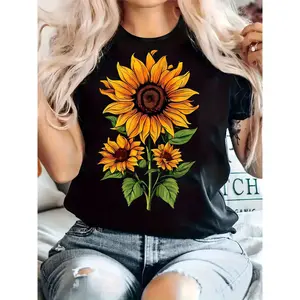 Wo Sunflower Print Casual T-Shirt - Stretch Round Neck Short Sleeve Blouse, Comfortable Casual Attire, Loose Fit Top Suitable for All Seasons