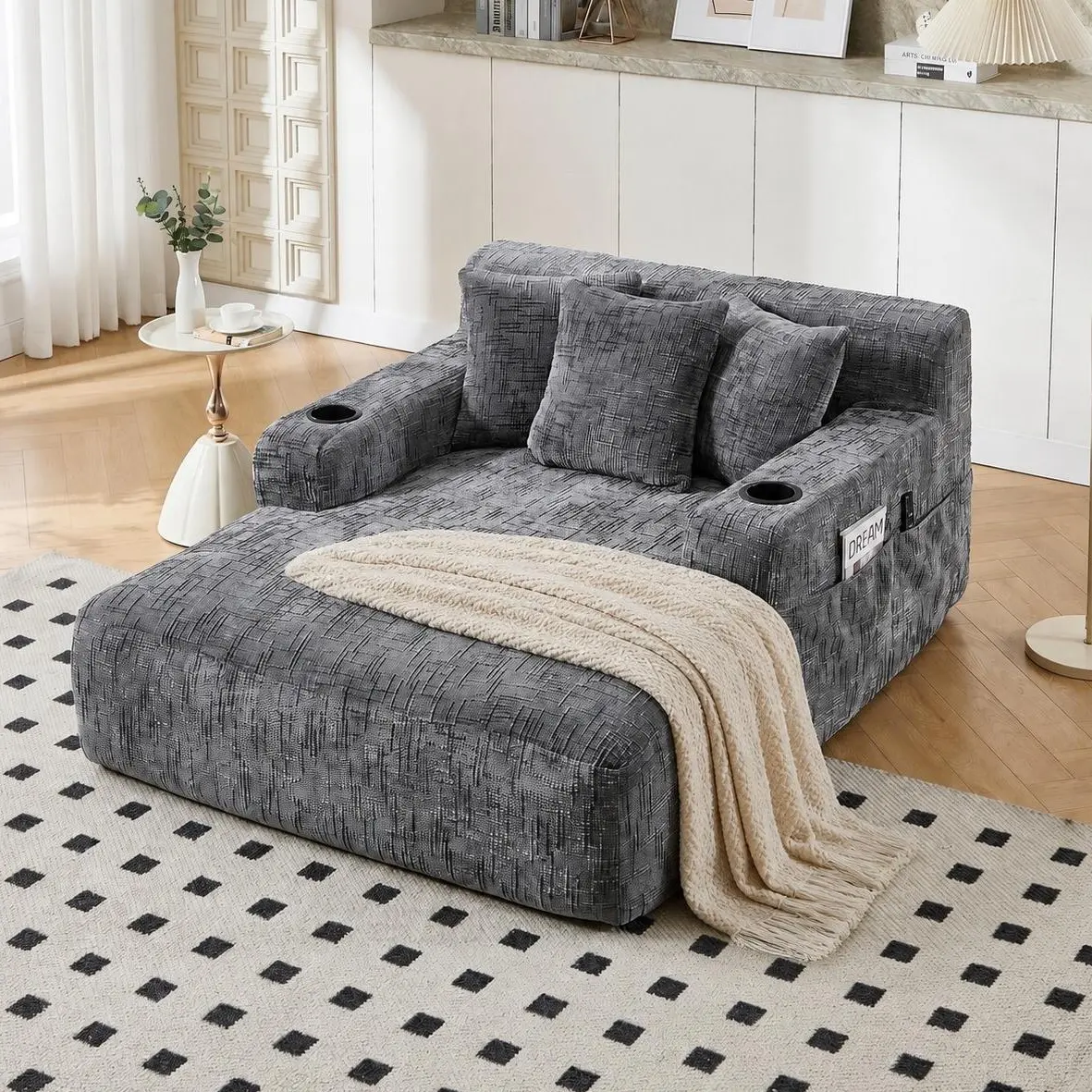 61" Oversized Chenille Upholstered Chaise Lounge Chair - No Assembly Required, Dual Cup Holders, Side Pockets, Memory Foam Comfort - Modern Apartment Furniture, Chenille Upholstered Sofas