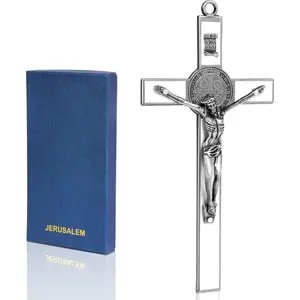 White Enamel Crucifix Wall Cross-Saint Benedict Metal Wall Art-Cross Give Blessing and The  Sacred-Crucifix  for Grandma, Boys Baptism , 7.7x4x1