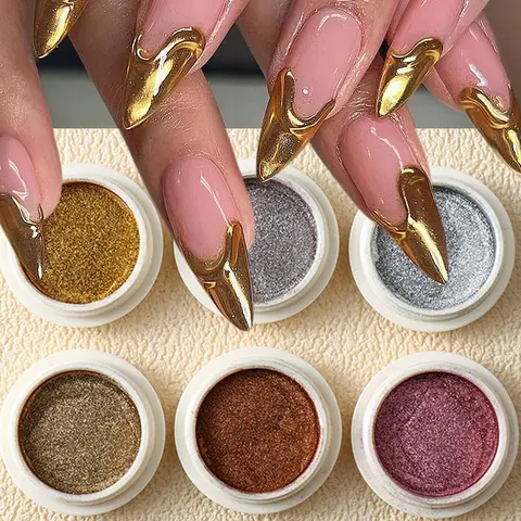 6PCS Cruelty-Free Smooth Long-Lasting Chrome Nail Powder - Metallic Mirror Holographic Pigment, Rose Gold Silver Champagne Rubbing Dust, Box-Packaged Supplies for DIY Nail Art, Design & Daily Use