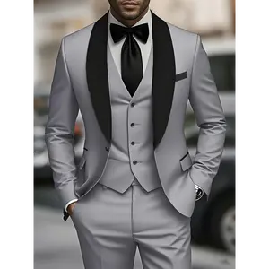 2025 new,Men's 3pcs suit, plain color green fruit collar suit with jacket and formal trousers, suitable for business gatherings, graduation ceremonies, weddings and parties.