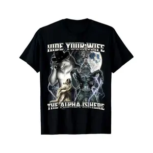 [100% Cotton] Fierce Alpha Wolf T-Shirt With Bold Hide Your Wife Design And Moonlit Battle Scene .