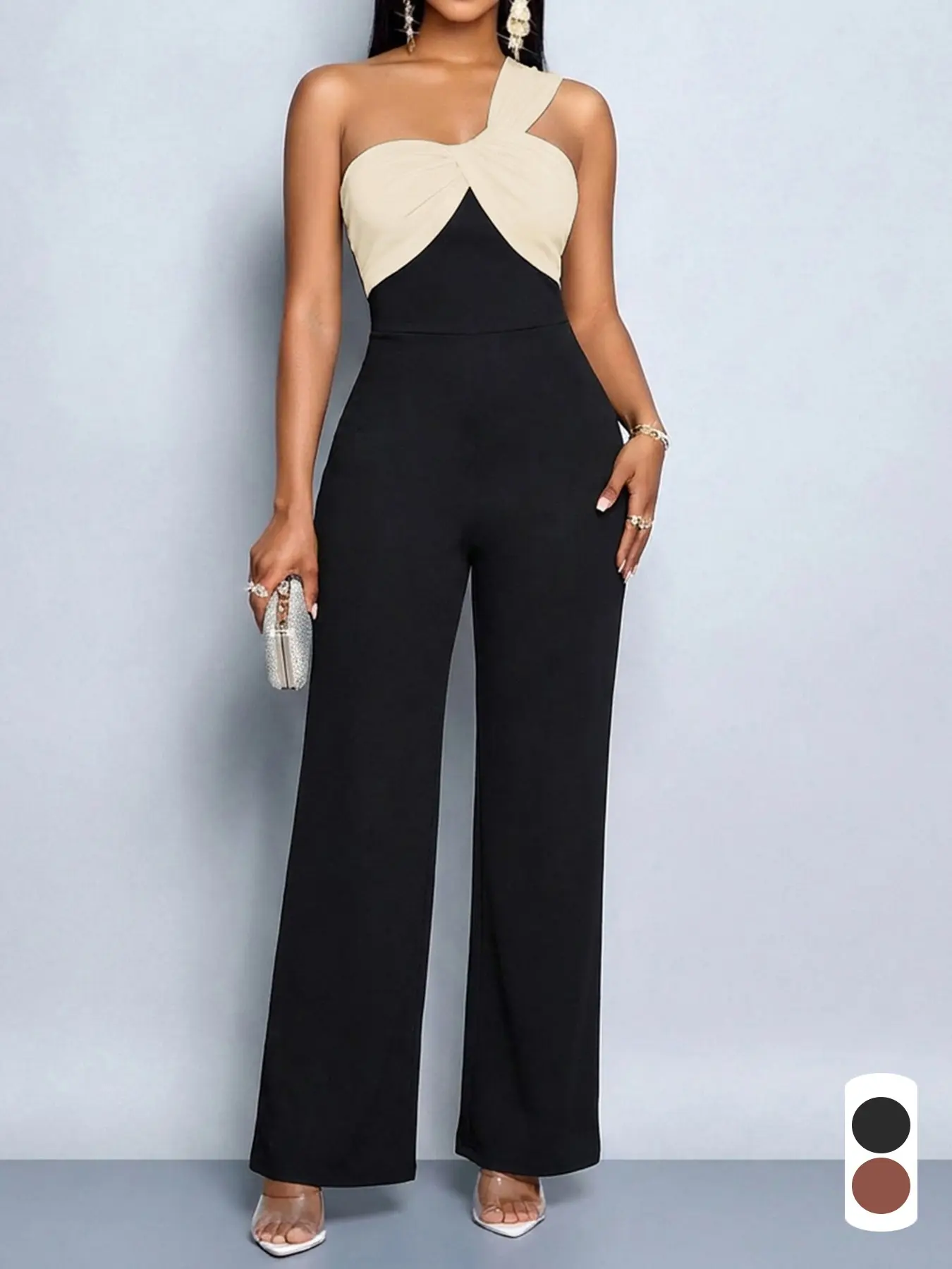 Summer Casual Elegant Elegance Women's Colorblock Asymmetrical Jumpsuit Romper, One Shoulder Backless Cutout High Waist Wide Leg Long Pants, Fashionable Ladies' Womenswear Casual Jumpsuit Overalls