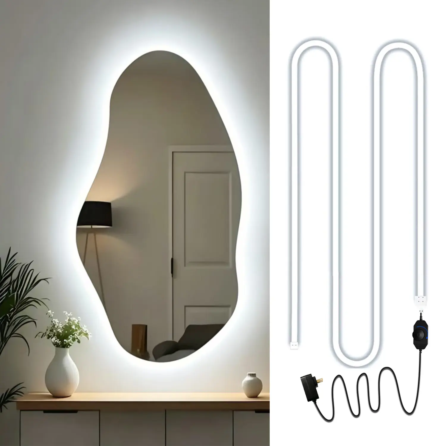 16.4 ft Cool White Silicone LED Strip Lights, 12V/1A Adjustable Brightness LEDs, Self-Adhesive Waterproof Dimmable Light for Bathroom Vanity, Home Festive Decorations, Adjustable Brightness Led