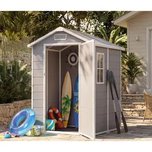 4x6 ft Outdoor Storage Shed with Floor, Plastic Resin Garden Shed with Window & Lockable Door, Tool Shed for Patio, Backyard, Lawn Mower, Bike Storage, Grey