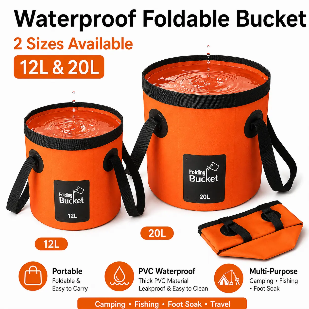 12L/20L Portable Folding Water Storage Bucket, Collapsible Water Container, Durable PVC Water Bucket with Handle, Suitable for Camping Tools, Fishing, Travel, Road Trip Essentials & Outdoor Gardening - MM2