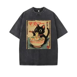 Vintage Japanese Cat Eating Ramen Graphic Tee Washed Oversized Short Sleeve Y2K Top For Women And Men Casual Streetwear Loose Fit Comfortable Y2K Aesthetic Essential Daily Casual Shirt Ramen Cat Vibe Top