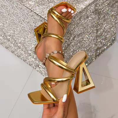 gold heels for prom dress Womens Gold Strappy Heels Lace Up Stiletto Heel Homecoming Sandals Prom Shoes