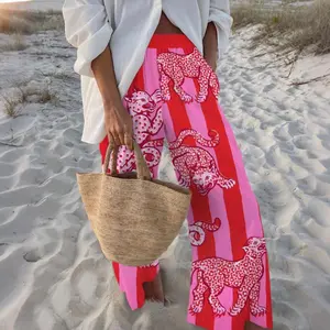 Women Palazzo Trousers Vibrant Leopard Print Wide-leg Stylish Design Stripe Pants