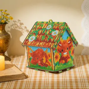 Lovely Highland Cow Sunflower Pattern Wooden House Diamond Painting Art Set,Creative DIY Building Craft, Sparkly  Mosaic Mini House,Stress-Relief Art Project,Unique Keepsake Gift for Highland Cow Lovers, Craft Fans & Housewarming Parties