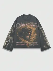 Vintage Jesus Thorns Crown Print T-Shirt, Loose Long Sleeve Street Style Top, Hip Hop Rock Unisex Clothing, Spring & Fall Fashion