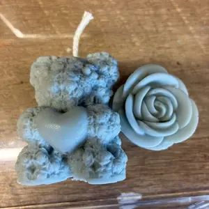 Bear Candle with Heart and Rose Design, Blue Color, Handmade, Perfect for Home Decor and Gifts