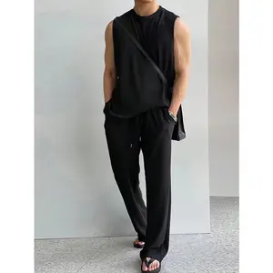 Men Solid Tank Top & Drawstring Waist Pants