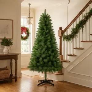 6FT Hinged Unlit Artificial Christmas Tree with 582 Tips, Full PVC Branches, Green Holiday Tree with 4-Leg Plastic Stand for Indoor Christmas Decoration