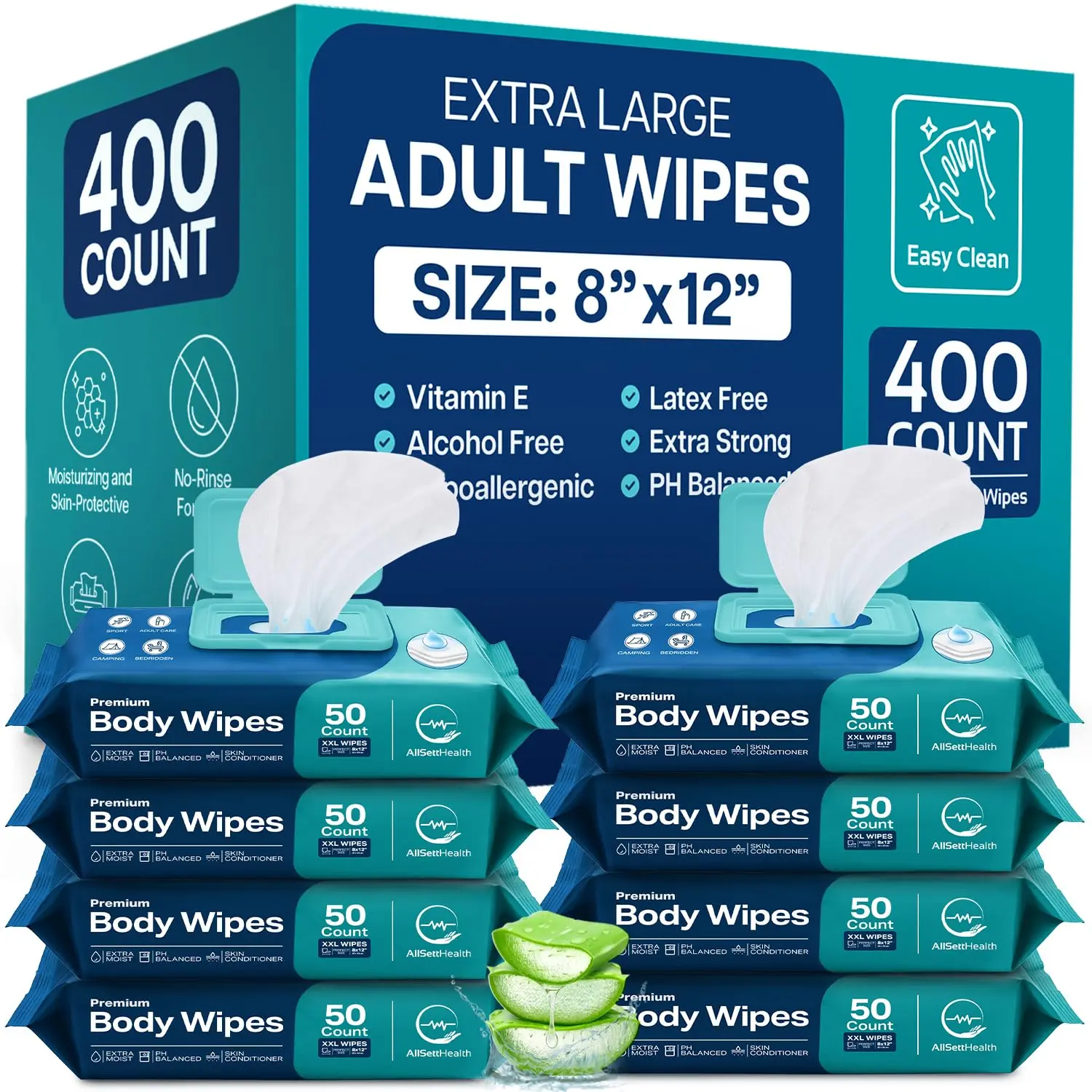 Body Wipes for Adults Bathing No Rinse - 8" x 12" (400 count) Disposable Incontinence Washcloths for Elderly with Aloe Vera and Vitamin E