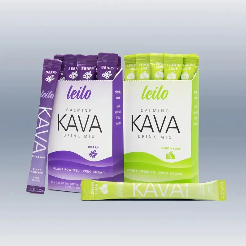 Leilo Kava Drink Mix – Non-Alcoholic Functional Relaxation Drink | 10 Stick Packs ( Berry or Lemon Lime ) | Zero Sugar