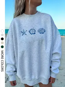 Women's Coastal Starfish Shell Print Casual Womenswear Long Sleeve Pullover, Baggy Loose Fit Knit Top for Fall & Spring, Stylish Everyday Sweatshirt