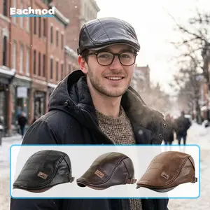 EACHNOD Classic Vintage Leather Beret Unisex Adjustable Hat for All Seasons High-quality Cowhide Material Perfect Gift for Family and Friends Black Dark Brown Light Brown - Bonnet#VintageStyle #ClassicFashion #TimelessPiece #FrenchVibes #ParisianChic