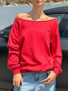 Women Asymmetric Shoulder Loose Fit Sweatshirt, Long Sleeve Casual Street Style Top, Thick Knitted Fabric Summer Wear, Perfect for Early Autumn, Fashion