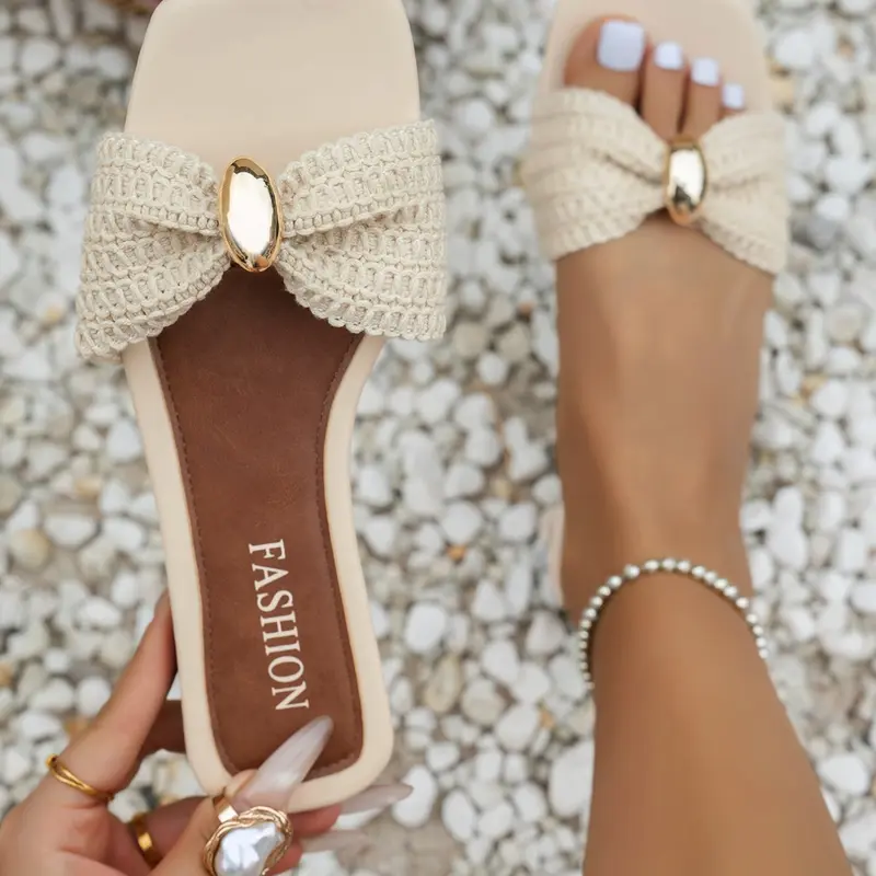 Women's Simple Beach Vacation Slide Flat Sandals, Casual Low Heel Slippers, Square Toe, Medium Width, Fabric Upper, PVC Sole