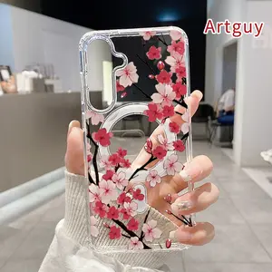 Magnetic Phone Case Supports Wireless Charging for  Samsung Galaxy S26 Edge S23 Ultra S24 Plus FE S25 S22+ Cherry Blossom Charm Pattern Non-Yellowing Silicone Transparent Acrylic Large Hole Drop Protective Cover