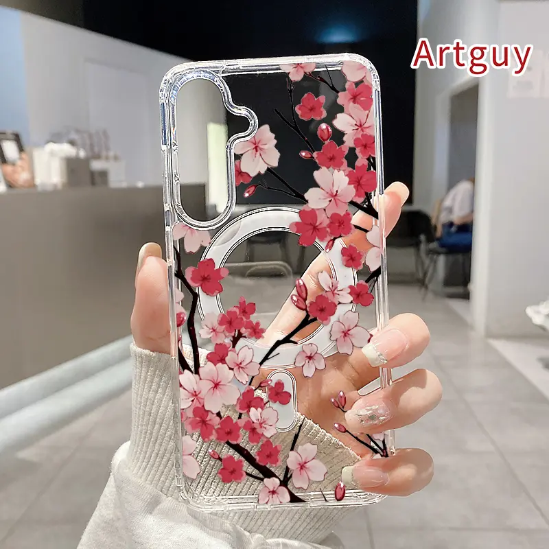 Magnetic Phone Case Supports Wireless Charging for  Samsung Galaxy S26 Edge S23 Ultra S24 Plus FE S25 S22+ Cherry Blossom Charm Pattern Non-Yellowing Silicone Transparent Acrylic Large Hole Drop Protective Cover