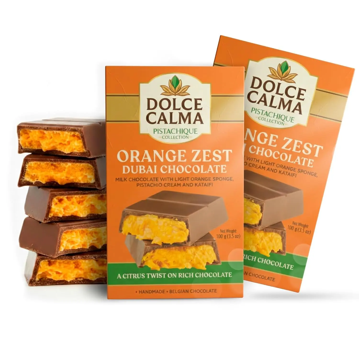 Dolce Calma Orange Dubai Chocolate Bar (Pack of 2, 100g/3.5oz) - Authentic Handmade Belgian Chocolate, Turkish Pistachio, Crispy Kataifi Kunafa Filling, No Palm Oil, Shipped With 2 Ice Gel Packs