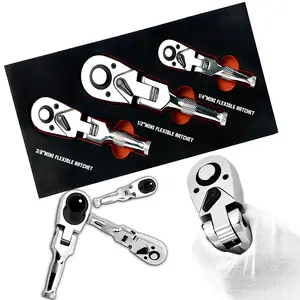 3pcs Short Handle Ratchet Wrench Set, 1/4", 3/8", 1/2" Drivers, 100 Tooth Ratchet, Quick Release Button, Non-Slip Grip, Chrome Finish