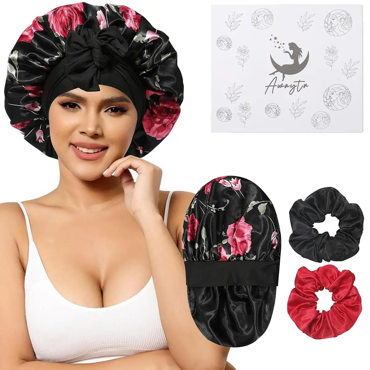 Black-Flower Bonnet + 2Pcs Scrunchies	