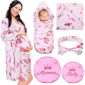 SVVH Mepase 5 Pcs Mommy and Me Hospital Matching Outfits Maternity Robe Swaddle Blanket Baby Girl Boys Headband Hat for Mom Baby