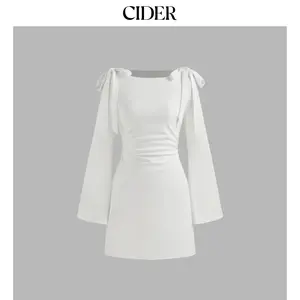 Cider Boat Neckline Solid Ruched Bowknot Mini Dress