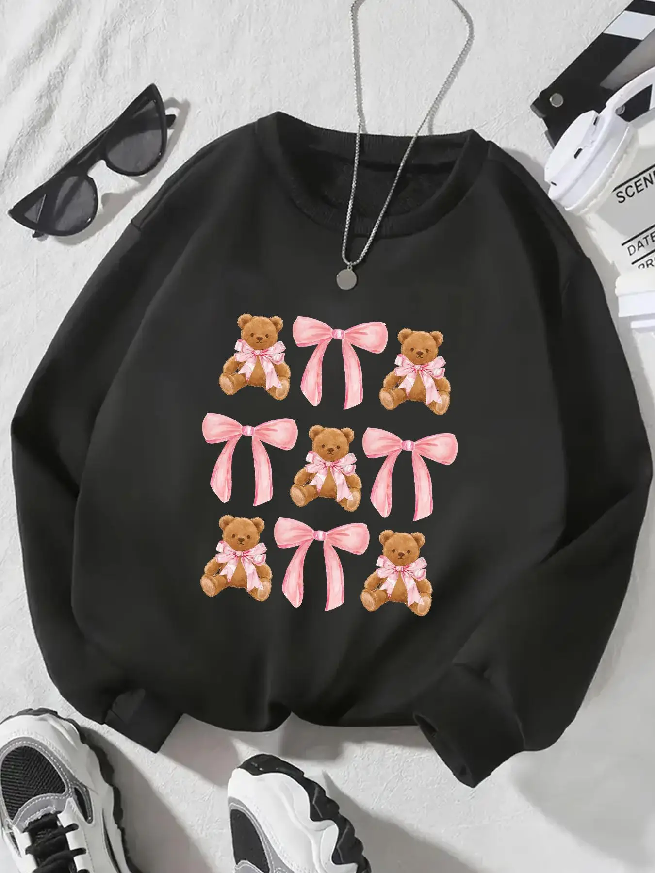 Girl's Cartoon Bear Print Drop Shoulder Sweatshirt, Casual Long Sleeve Round Neck Pullover for Fall & Winter, Kids Clothes for Daily Wear
