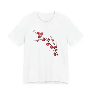 Red Cherry Blossom Branch T-Shirt Floral Spring Tee Medium Fitted Short Sleeve Crew Neck Casual Summer Top