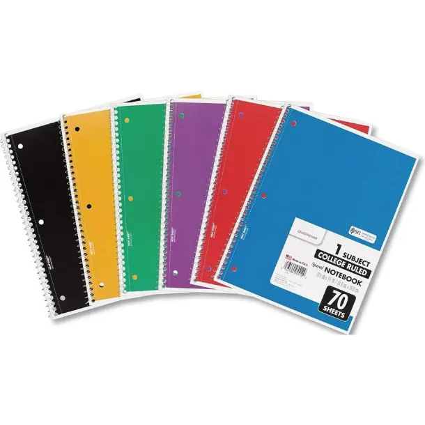 Spiral Notebook, 1 Subject, College Ruled Paper, 7-1/2" x 10-1/2", 70 Sheets per Notebook, Colors Will Vary, 6 Pack (73065)