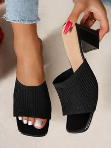Korean Summer Knit Mules, Chunky Heel High Heels, Commuter & Date Wear, Versatile Fashion Sandals, Classy Elevated Sandals, Textile Material, Rubber Sole