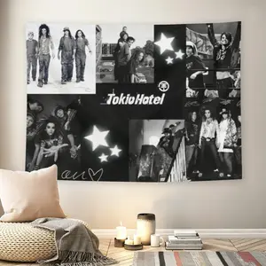 Tokio Hotel Black & White Collage Wall Flag, Rock Band Nostalgia, Mid-century Modern Black Flash Manga Style, 2000s Emo Aesthetic, For Adult Fans, Music Fan Decor, Living Room, Bedroom, Nostalgia Vibe