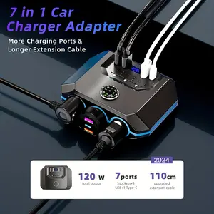7in 1 Car Plug Car Power Adapter 120W Car Plug Splitter Adapter 3 Scoket 4 USB Ports Car Charging Adapter PD30W QC3.0 Fast Charging Car Power Supply with Separate Switch LED Voltage Display with Direction Indicator 12/24V,car charger adapter