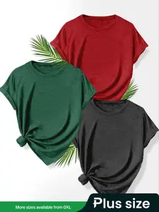 【Plus Size】 Solid Color Round Neck Tee (3 Counts/set), Casual Short Sleeve Crew Neck T-shirt for Summer, Women's Clothing for Daily Wear