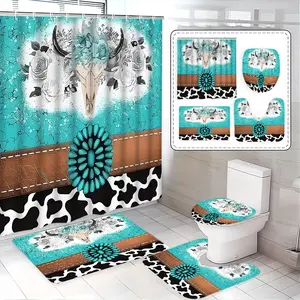 Western Romance Bathroom Set, Cow Skull Theme 4-Piece Shower Curtain, Shower Curtain Sets, Home Bath Decor, Includes Mat, Toilet Pad, U-Shaped Pad, Perfect Gift