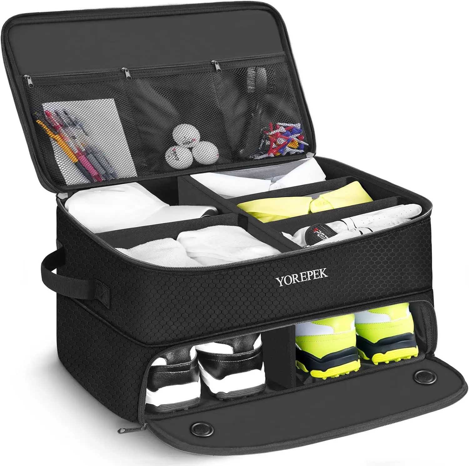 YOREPEK 2 Layer Golf Trunk Organizer, Golf Gifts for Men with Separate Ventilated Compartment for 2 Pair Shoes, Waterproof Car Trunk Locker for Balls, Tees, Clothes, Gloves, Gifts for Golfers Summer Sale