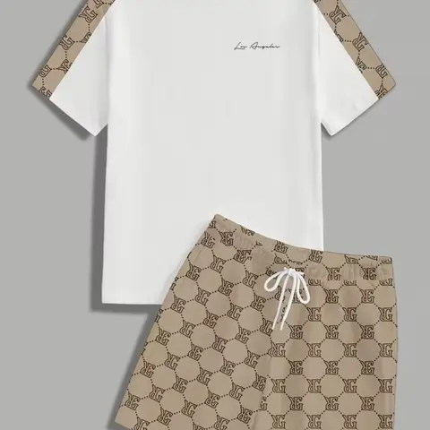 Men's Streetwear Casual Print Tee and Short Pants Set, Ideal Gift for Men and Teens, Geometric Pattern, Fitted Crop Top, Drawstring Shorts, Fitted Set Outfit