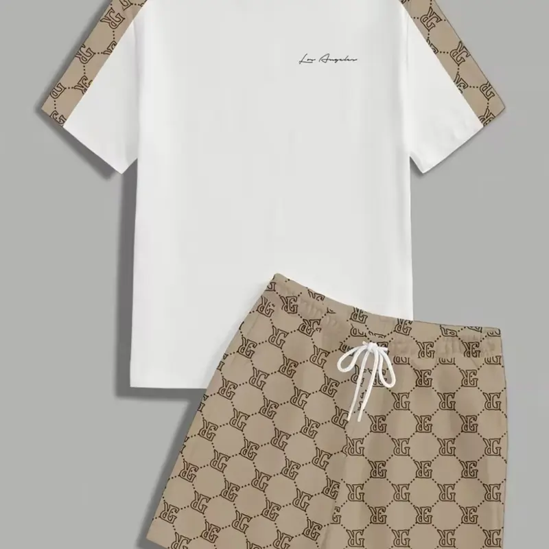 Men's Streetwear Casual Print Tee and Short Pants Set, Ideal Gift for Men and Teens, Geometric Pattern, Fitted Crop Top, Drawstring Shorts, Fitted Set Outfit