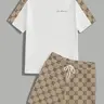 Men's Streetwear Casual Print Tee and Short Pants Set, Ideal Gift for Men and Teens, Geometric Pattern, Fitted Crop Top, Drawstring Shorts, Fitted Set Outfit